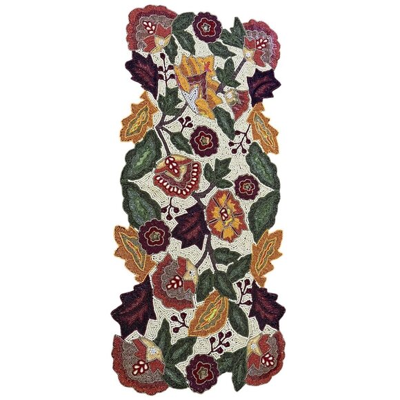 Pier 1 Beaded Floral Table Runner With Autumn Leaves Design 37"x16" - Picture 1 of 3
